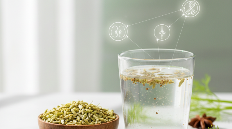Aesthetic flat-lay image of fennel seeds, fennel tea, and fresh herbs arranged on a clean white background; calm wellness vibes, soft natural shadow, green accents, modern minimal theme, suitable for health and natural remedy posts.