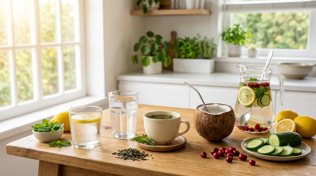 Healthy morning drinks including water, lemon water, green tea, and coconut water for kidney health